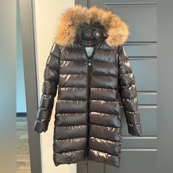Moncler Shiny Black Down Long Jacket with Fur Trimmed Removable Hood - Picture 1 of 2